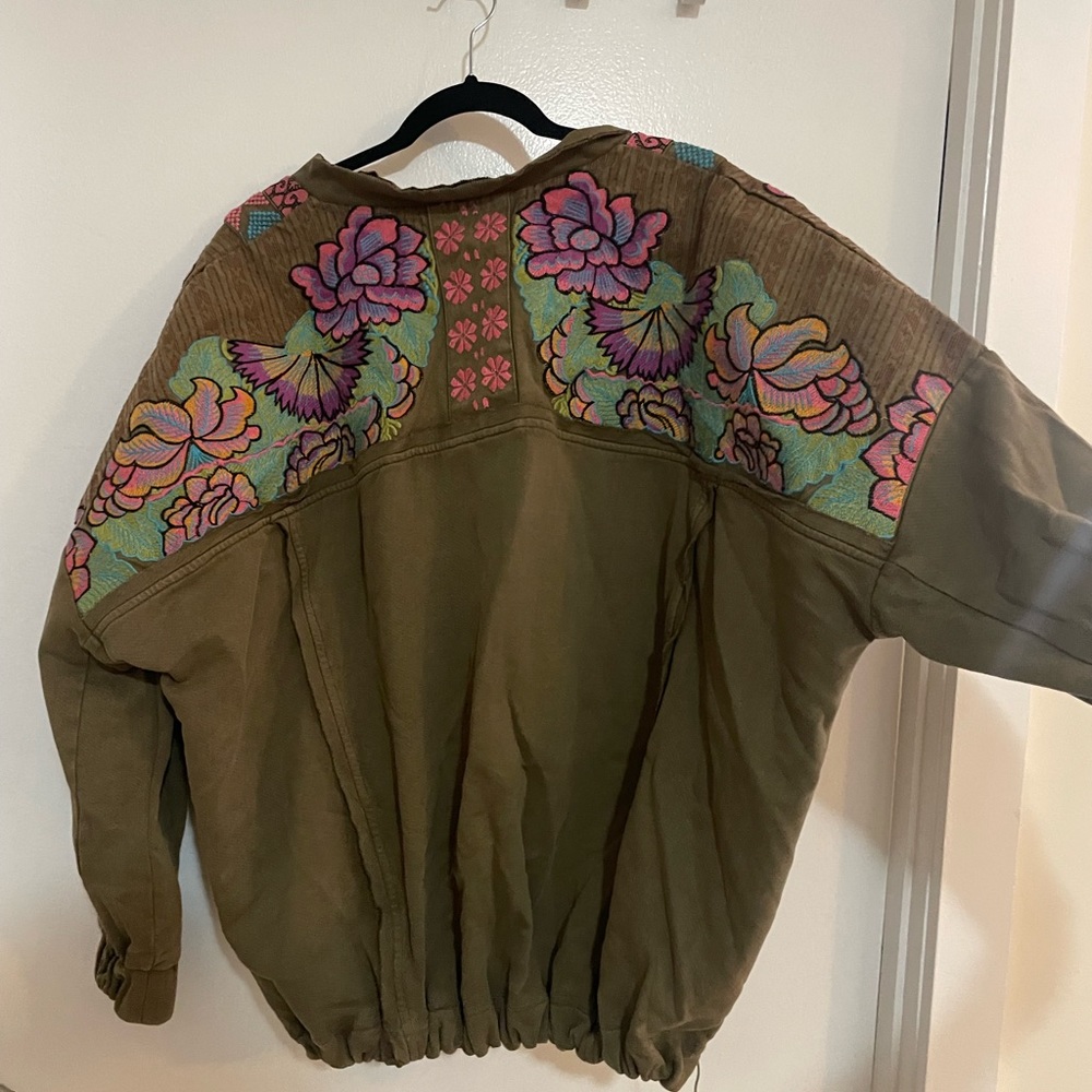Free People Olive Green Utility Jacket with Multicolor Floral Embroidery